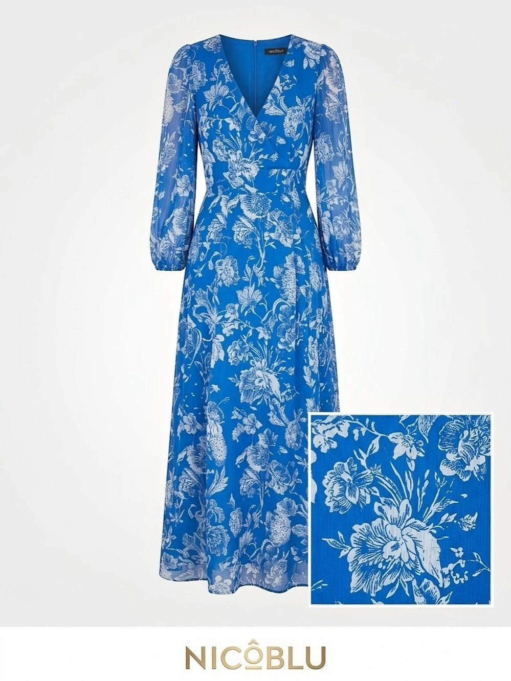 Nicoblu Angelina Maxi Crinkle Chiffon Dress in Blue and White Floral Toile - Picture 2 of 4